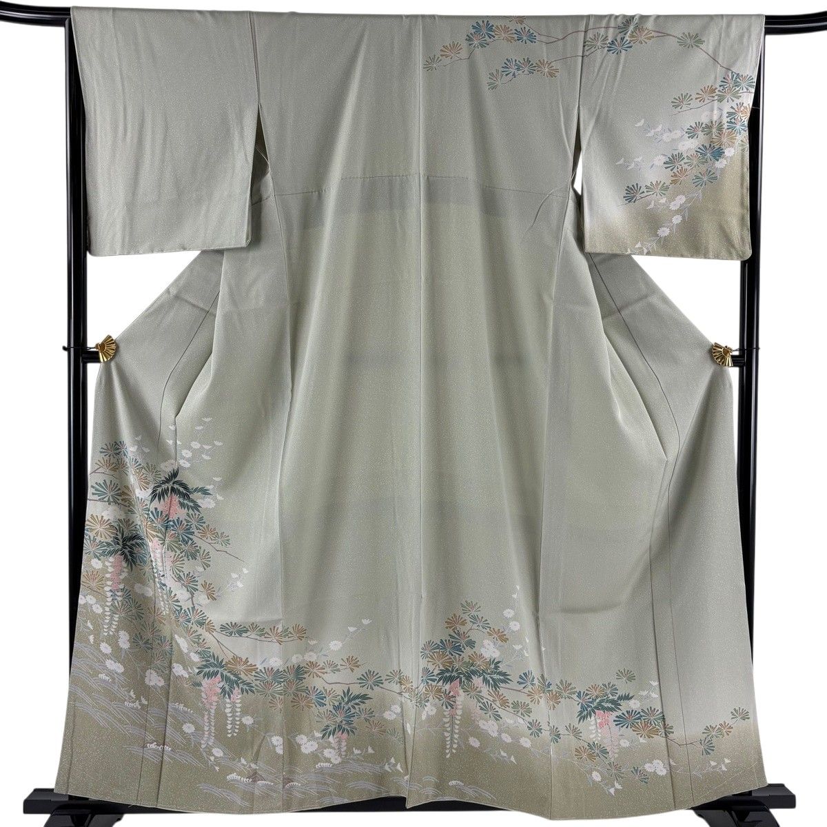【美品】 訪問着 身丈159.5cm 裄丈65.5cm M 袷 若松 藤 染め分け ぼかし 薄緑 正絹 秀品 【中古】