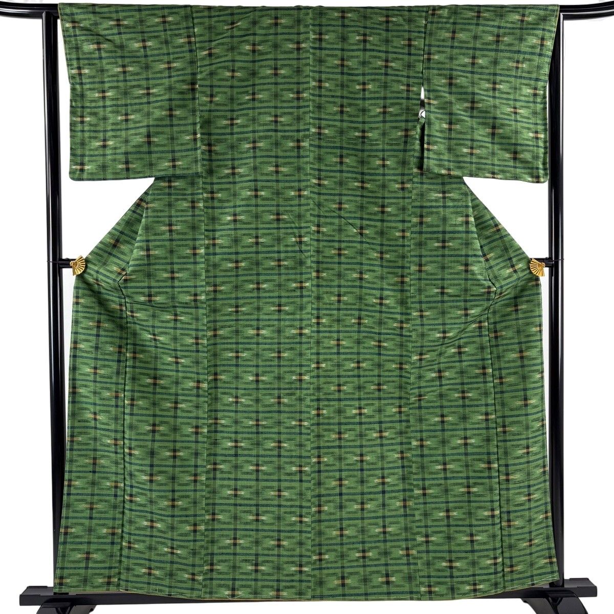 【美品】 紬 身丈158.5cm 裄丈63cm S 袷 格子 幾何学 緑 正絹 秀品 【中古】