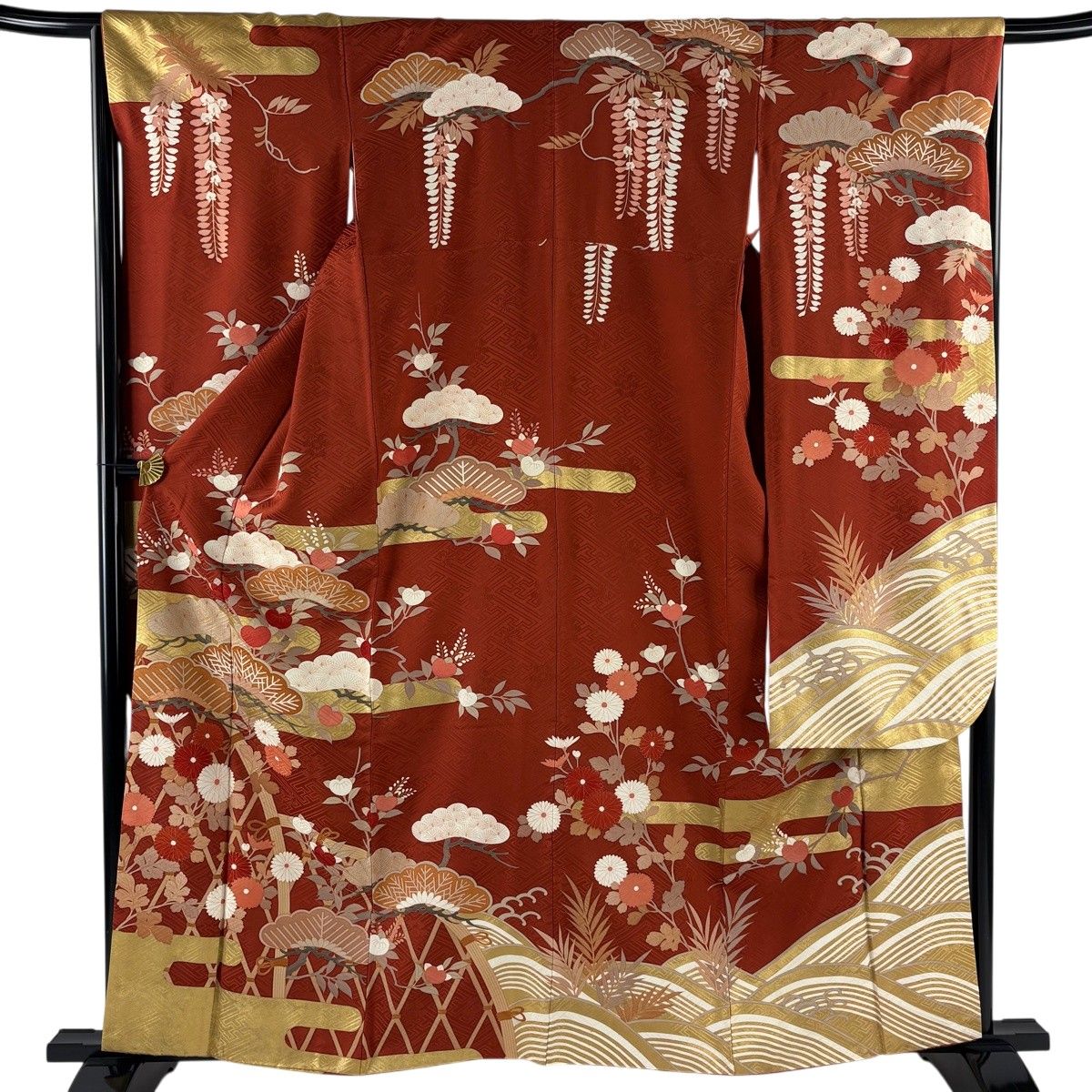 振袖 身丈161.5cm 裄丈65cm M 袷 笠松 菊 金彩 赤茶 正絹 秀品 【中古】