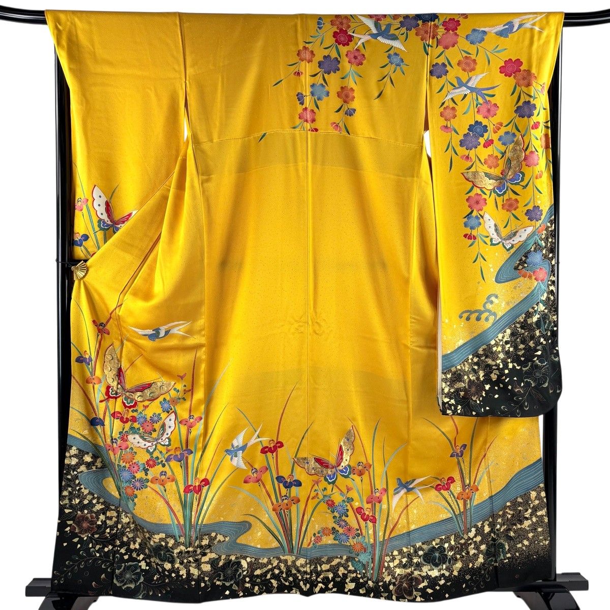 振袖 身丈160cm 裄丈67.5cm L 袷 蝶 草花 金糸 金彩 山吹色 正絹 秀品 【中古】