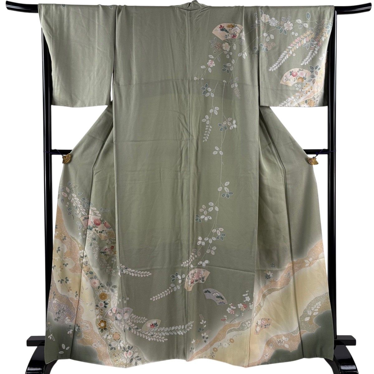 訪問着 身丈163cm 裄丈70cm L 袷 扇面 草花 金銀彩 ぼかし 灰緑 正絹 秀品 【中古】
