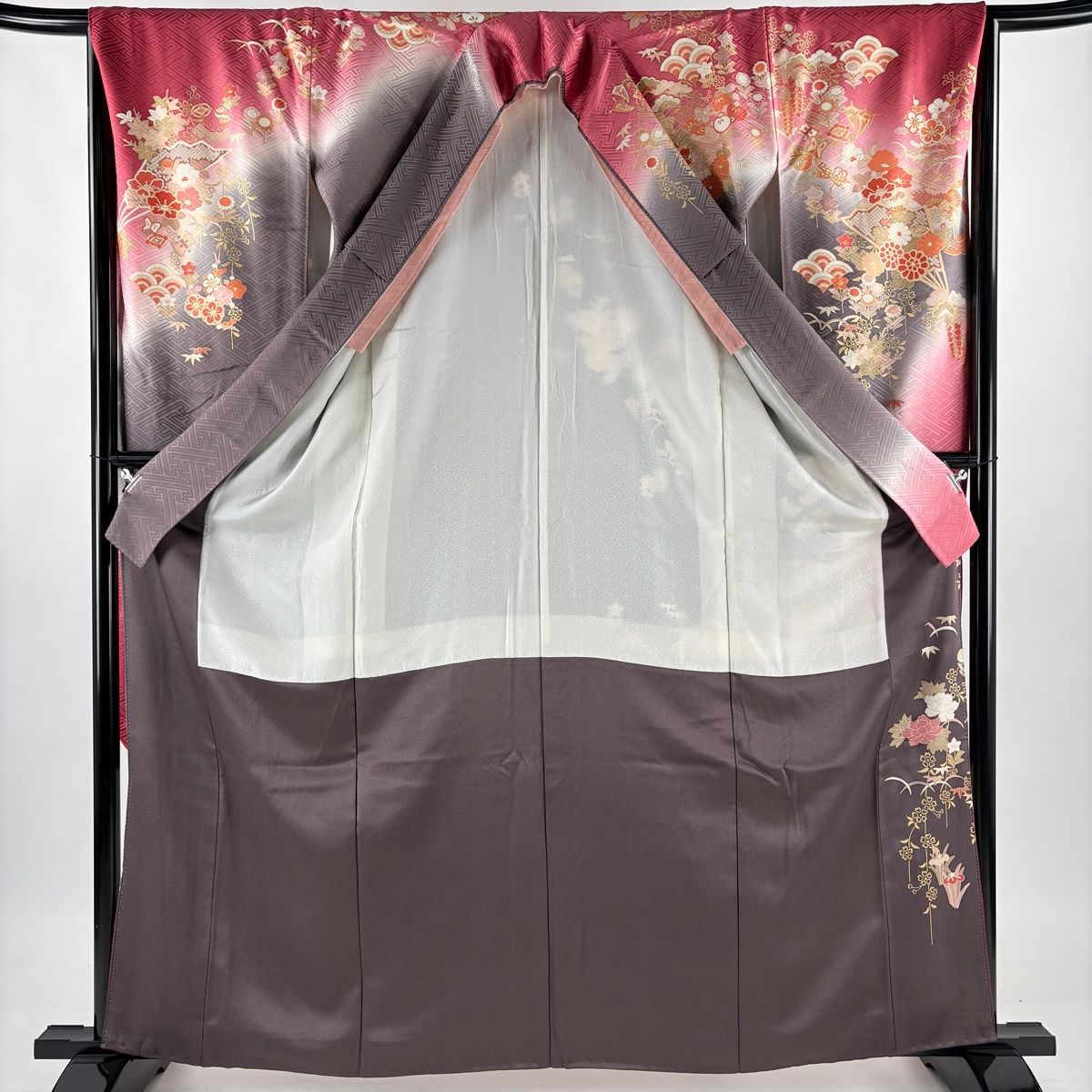 美品】 振袖 身丈163cm 裄丈66cm M 袷 扇 花鳥 金糸 金彩 茜色 正絹 秀