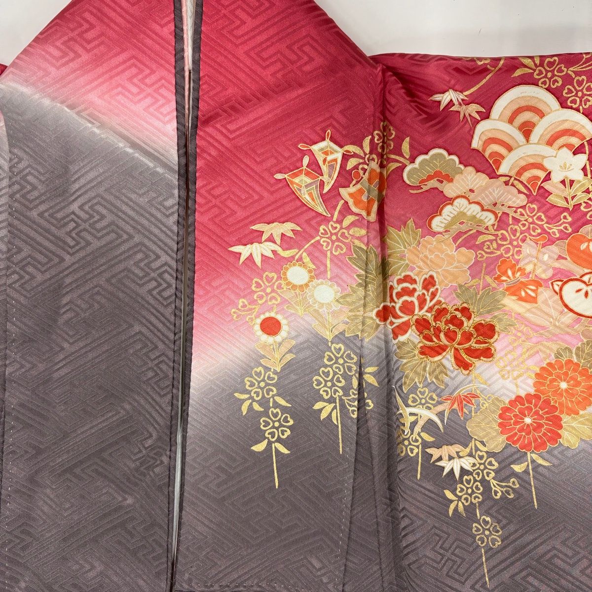 美品】 振袖 身丈163cm 裄丈66cm M 袷 扇 花鳥 金糸 金彩 茜色 正絹 秀