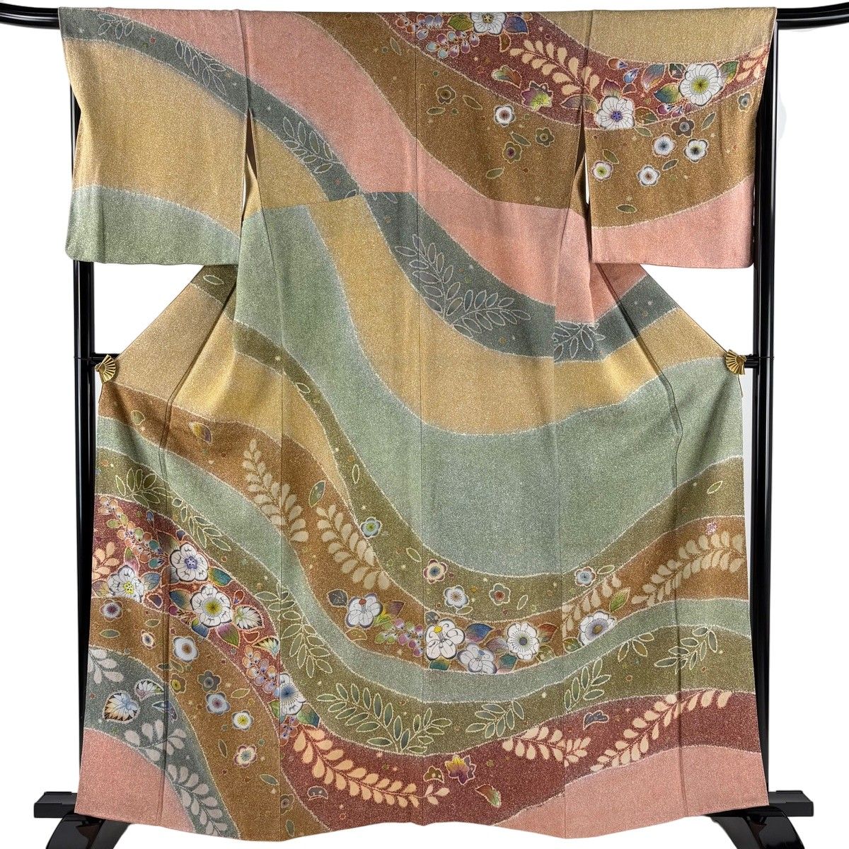 【美品】 訪問着 身丈160cm 裄丈67cm M 袷 落款 草花 染め分け 薄茶色 正絹 秀品 【中古】