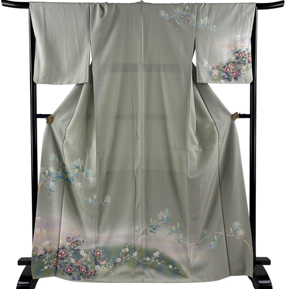 訪問着 身丈167cm 裄丈67cm M 袷 椿 若松 ぼかし 薄緑 正絹 秀品 【中古】