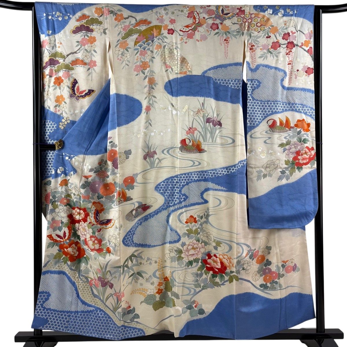 振袖 身丈156cm 裄丈63.5cm S 袷 蝶 牡丹 金糸 金銀彩 クリーム 正絹 秀品 【中古】