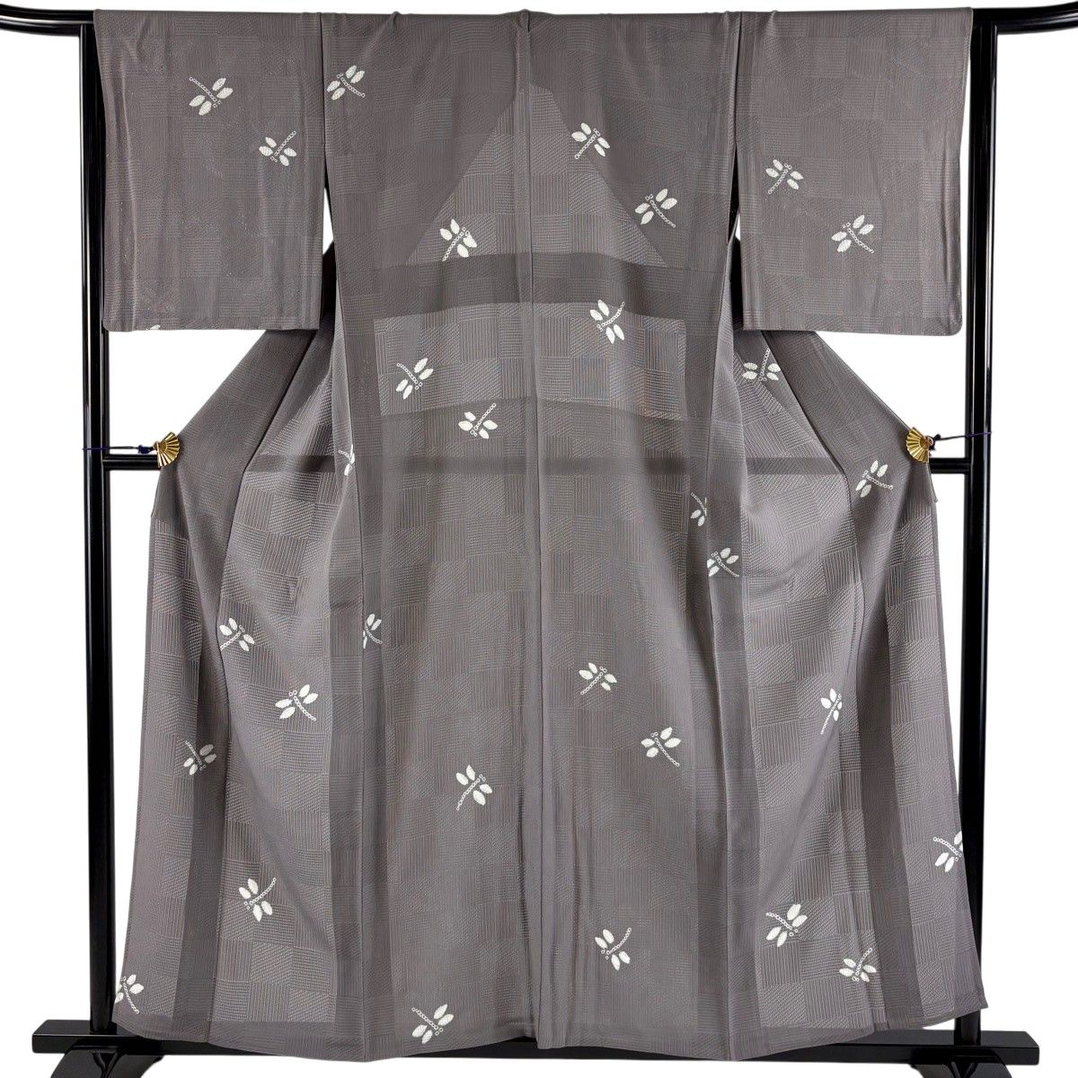 小紋 身丈157cm 裄丈66cm M 薄物 とんぼ 絞り 灰茶 正絹 秀品 【中古】