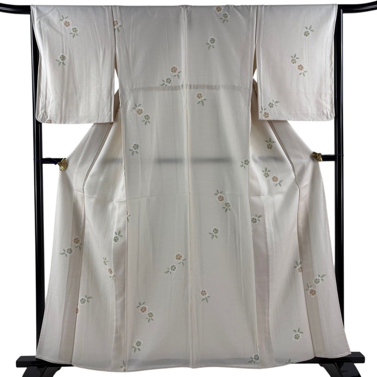 【美品】 小紋 身丈161cm 裄丈66.5cm M 単衣 草花 クリーム 正絹 秀品 【中古】