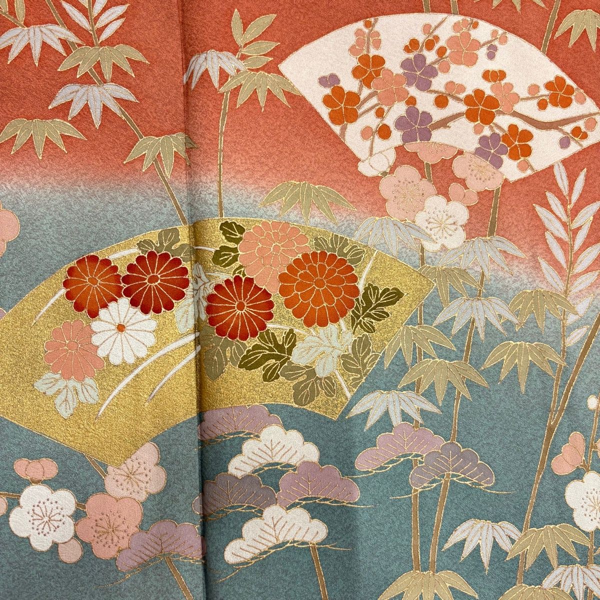 訪問着 身丈161cm 裄丈67cm M 袷 扇面 松竹梅 金彩 染め分け 朱色 正絹