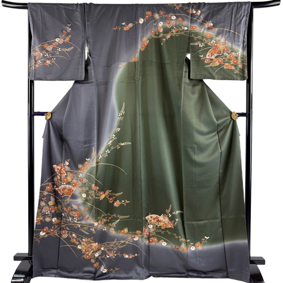 訪問着 身丈170.5cm 裄丈66cm M 袷 菊 扇面 金彩 ぼかし 灰紫 正絹 秀品 【中古】