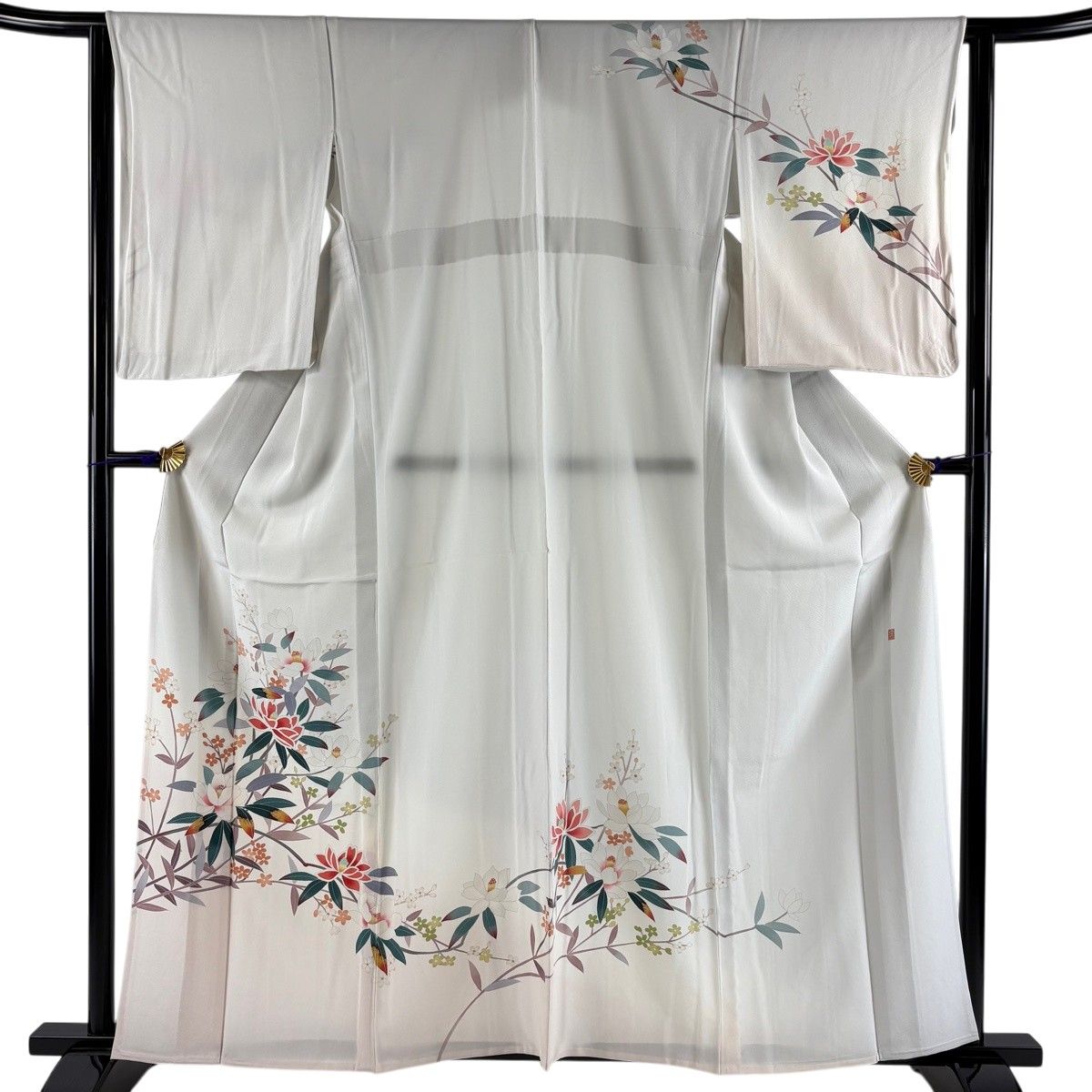 【美品】 訪問着 身丈160cm 裄丈64cm M 単衣 落款 草花 ぼかし 灰緑 正絹 秀品 【中古】