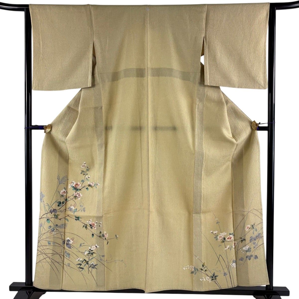 付下げ 身丈158.5cm 裄丈64cm M 単衣 椿 ススキ 縮緬 ベージュ 正絹 秀品 一つ紋 【中古】