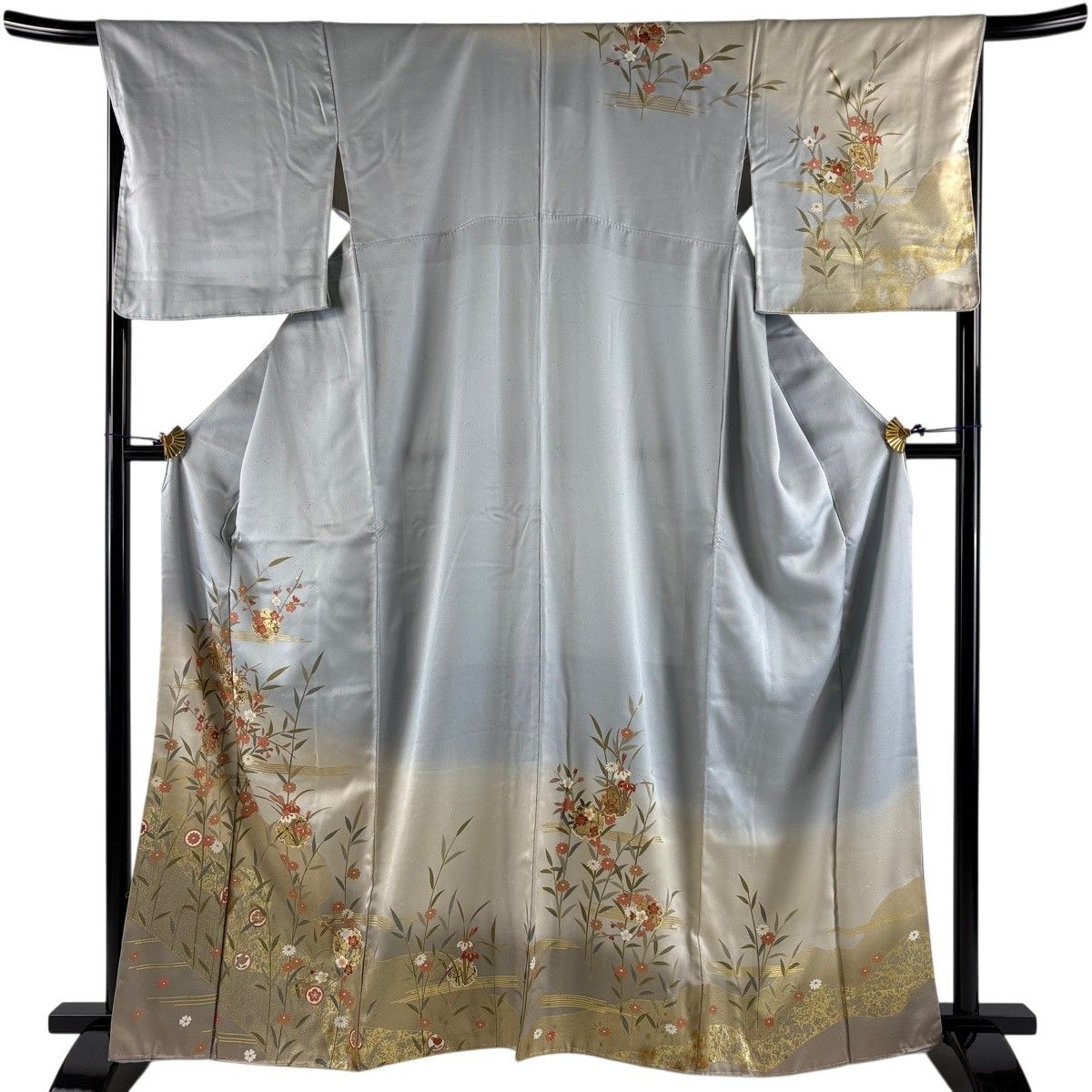 訪問着 身丈163.5cm 裄丈67cm M 袷 雪輪 草花 金糸 金彩 青灰色 正絹 秀品 【中古】