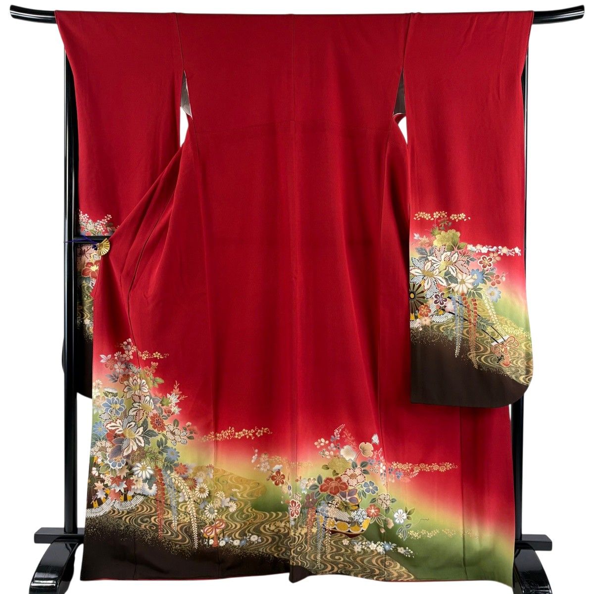 振袖 身丈169cm 裄丈68.5cm L 袷 花車 流水 金彩 ぼかし 赤 正絹 秀品 【中古】