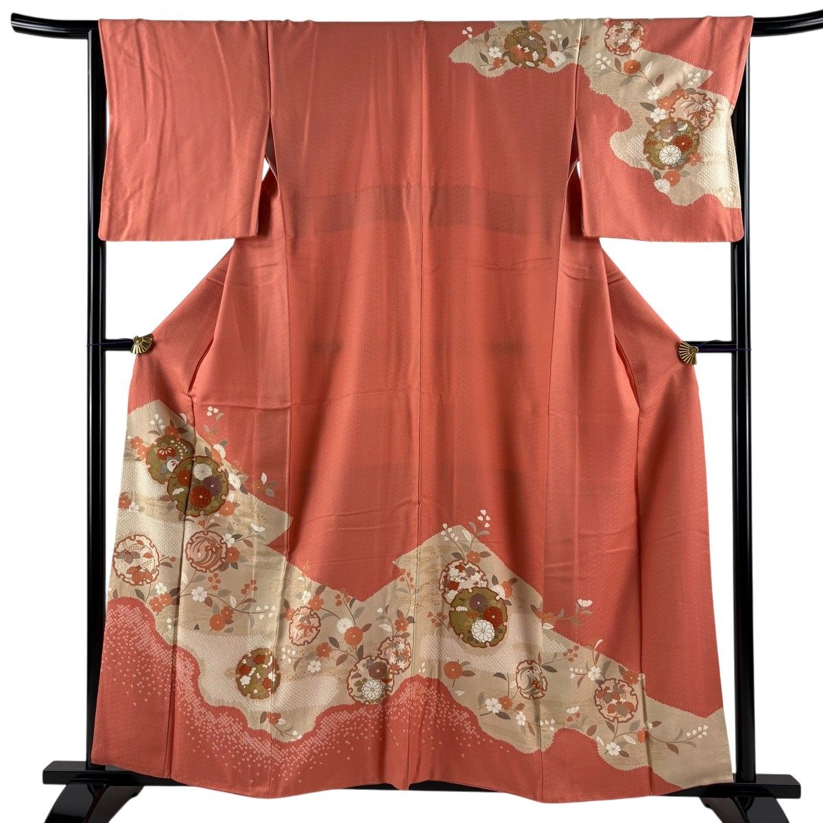 訪問着 身丈158cm 裄丈66cm M 袷 雪輪 菊 金彩 絞り サーモンピンク 正絹 秀品 【中古】