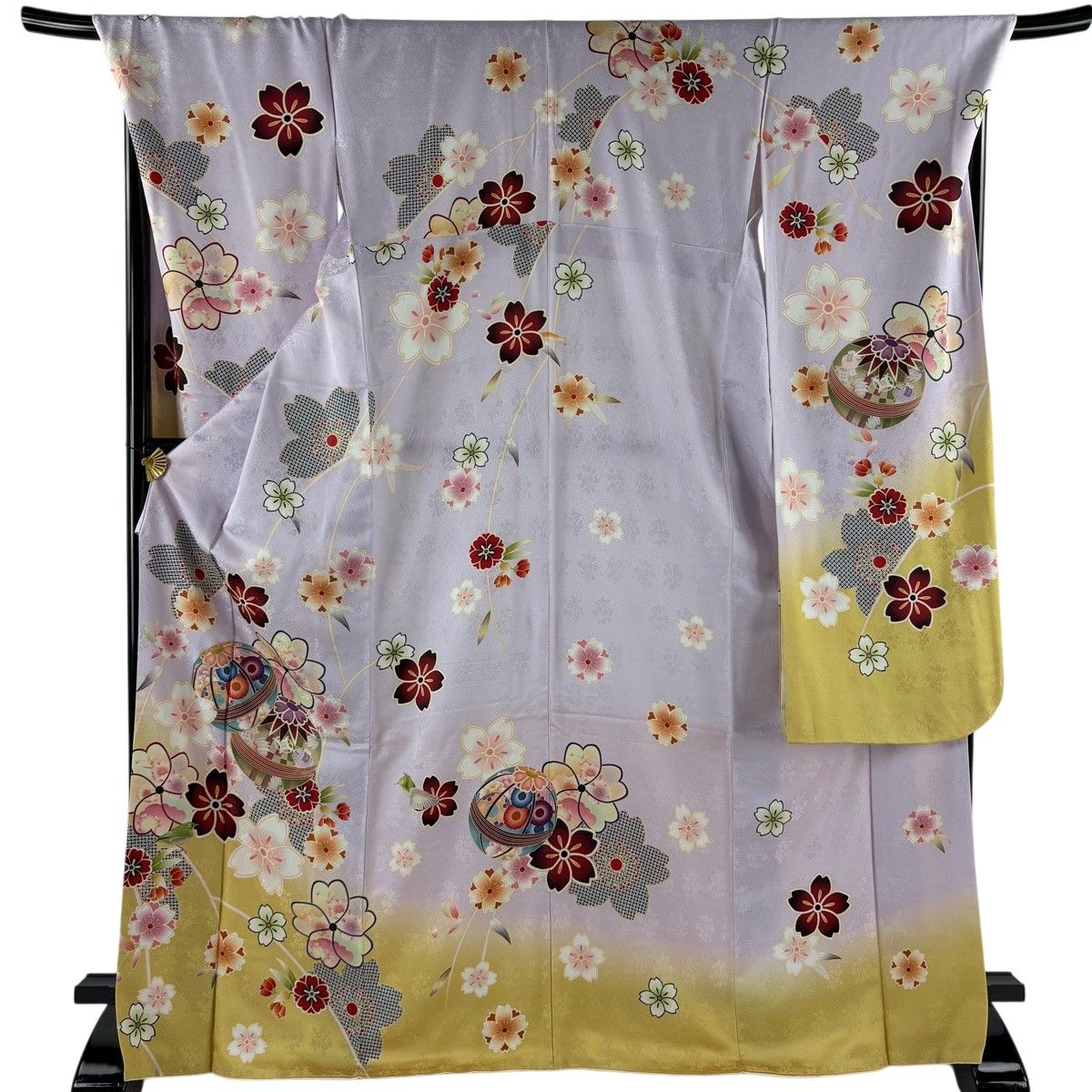 振袖 身丈171cm 裄丈72.5cm L 袷 手鞠 桜 金彩 染め分け 薄紫 正絹 秀品 【中古】