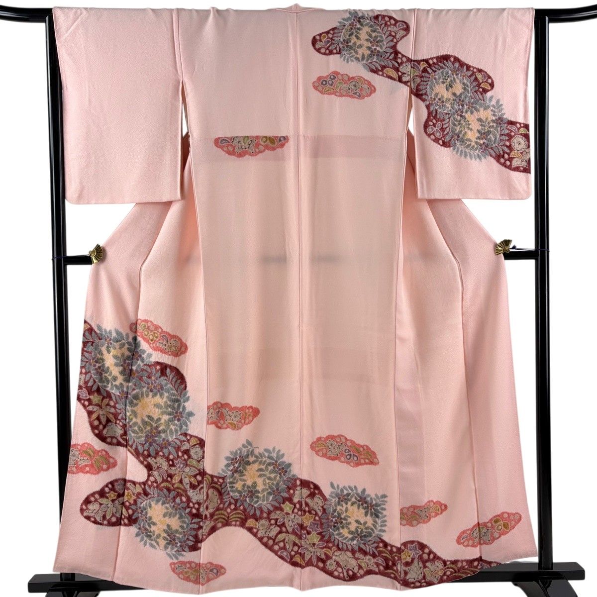 訪問着 身丈159cm 裄丈65cm M 袷 草花 霞 金彩 ピンク 正絹 秀品 【中古】