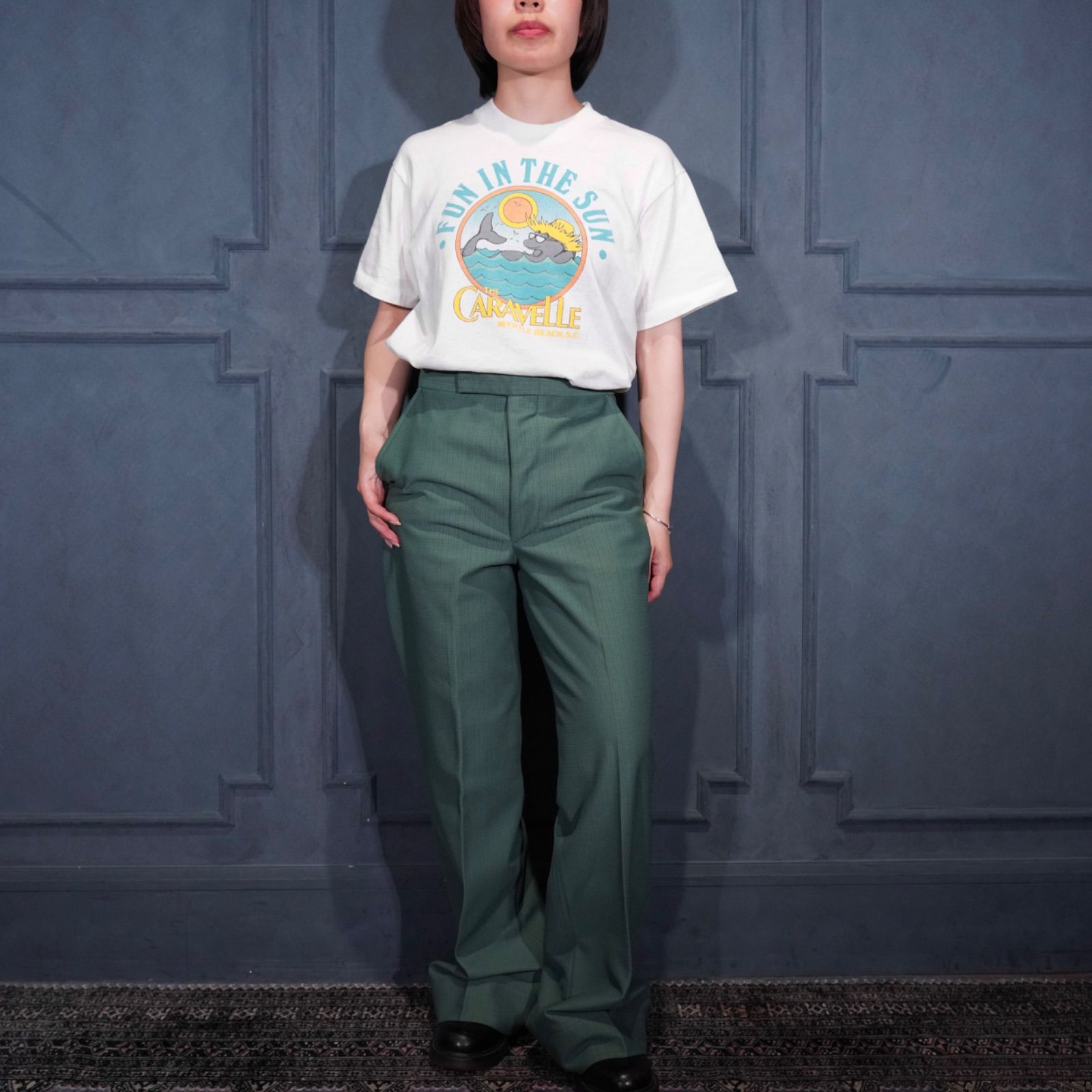 70’s USA VINTAGE GREEN COLOR FLARE SLACKS PANTS/70年代アメリカ古着グリーンカラーフレアスラックスパンツ