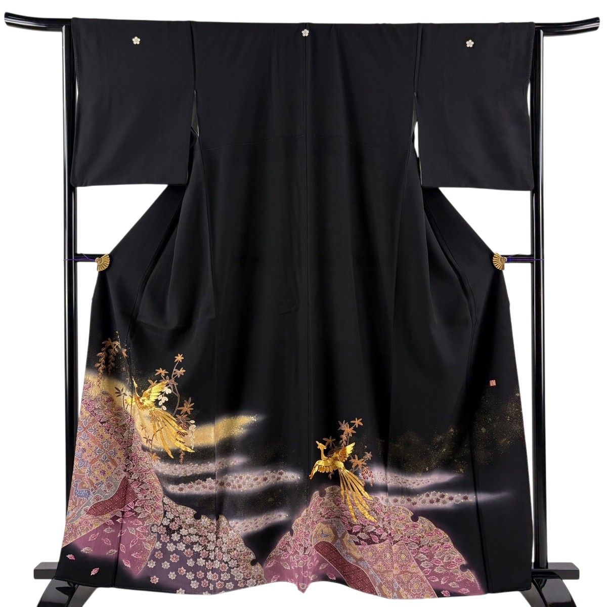 【美品】 黒留袖 身丈161cm 裄丈64.5cm M 袷 落款 鳳凰 雪輪 金糸 金彩 黒 正絹 秀品 【中古】