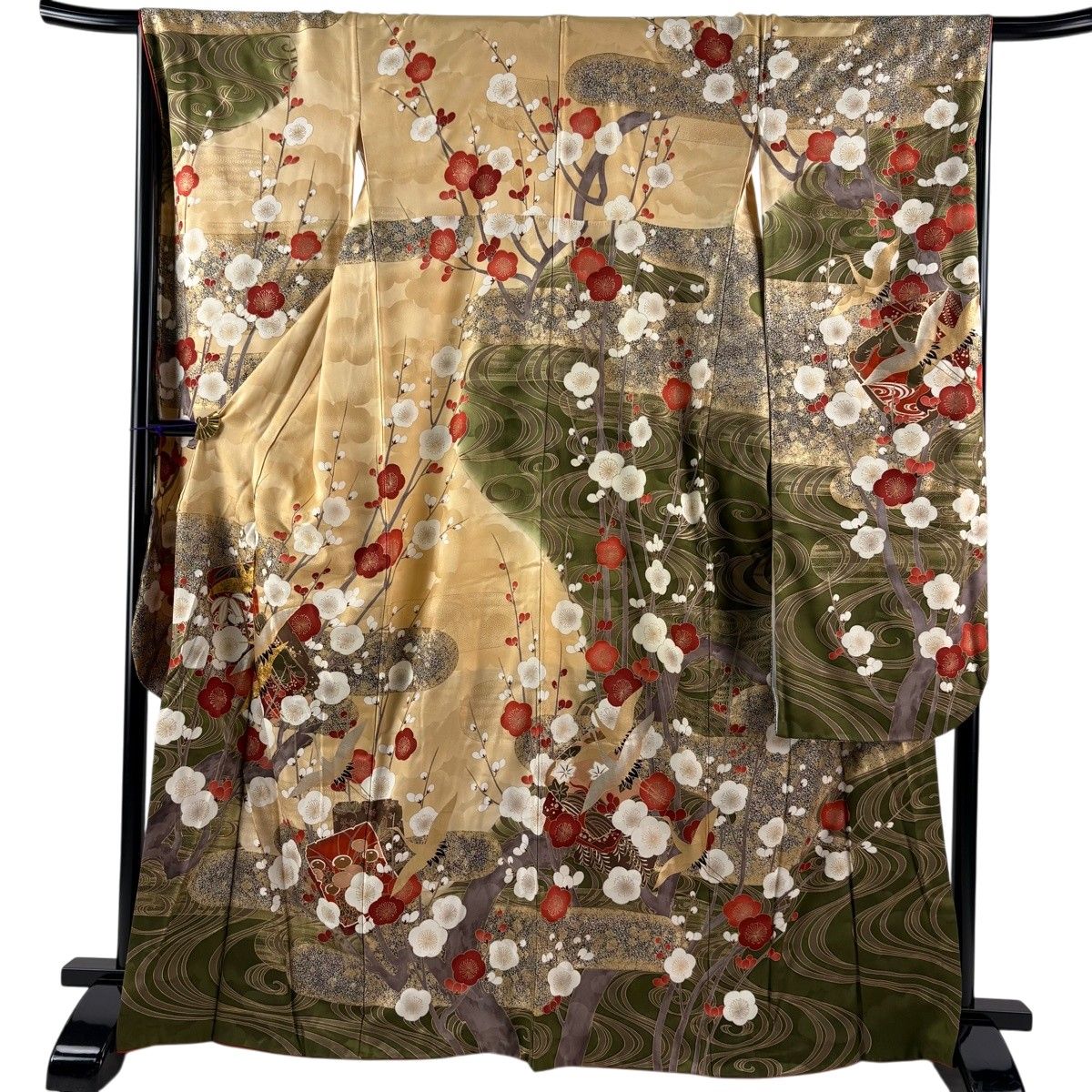 振袖 身丈166cm 裄丈67cm M 袷 鶴 枝梅 金糸 金銀彩 薄オレンジ 正絹 秀品 【中古】