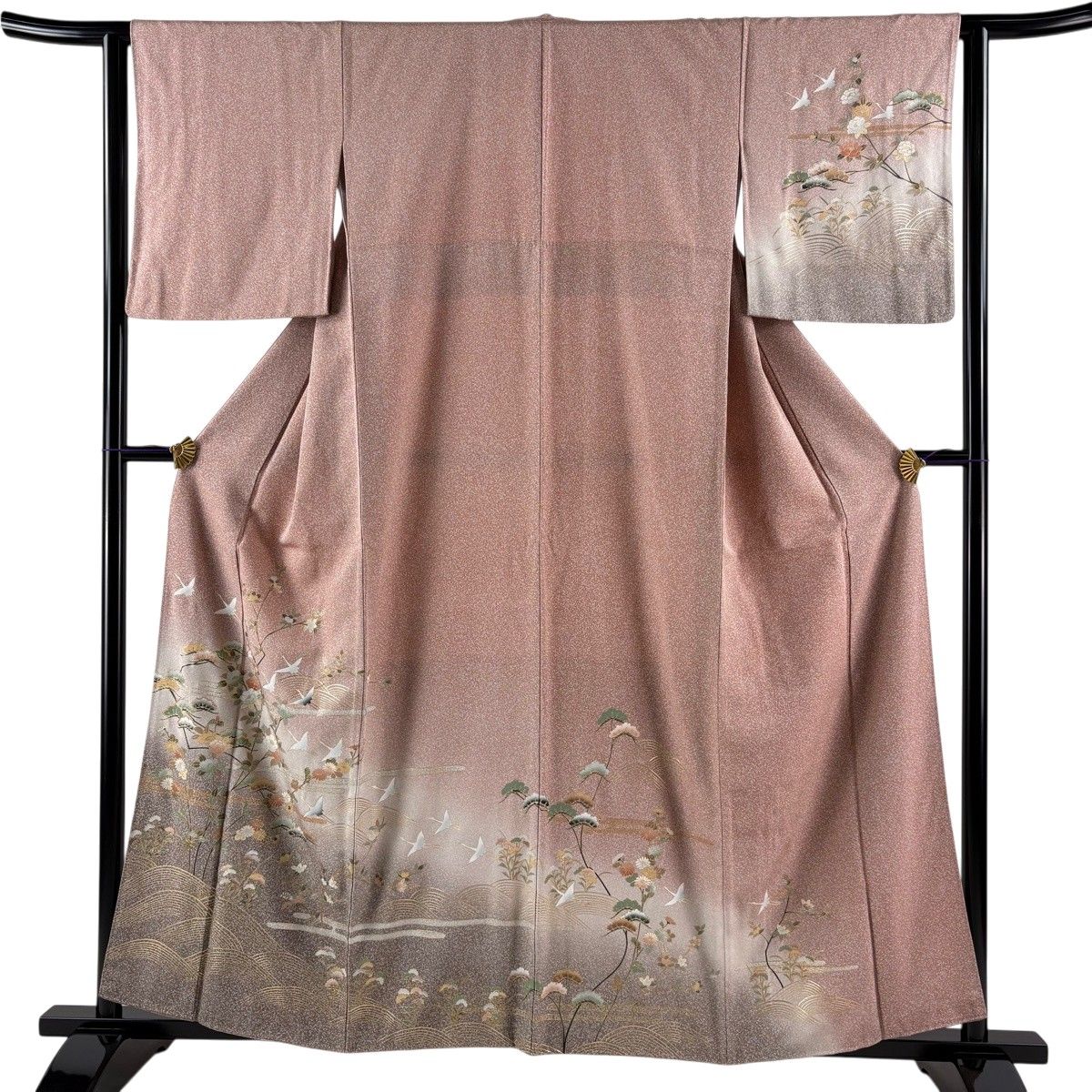 訪問着 身丈159cm 裄丈62.5cm S 袷 鶴 草花 金彩 染め分け ピンクベージュ 正絹 秀品 【中古】