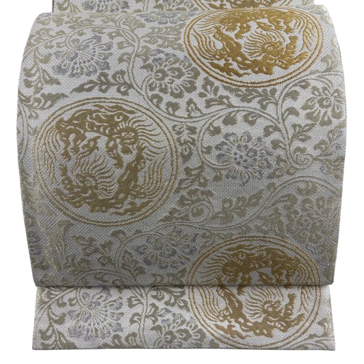 【美品】 袋帯 秀品 龍 花唐草 金銀糸 灰白 六通 正絹 【中古】