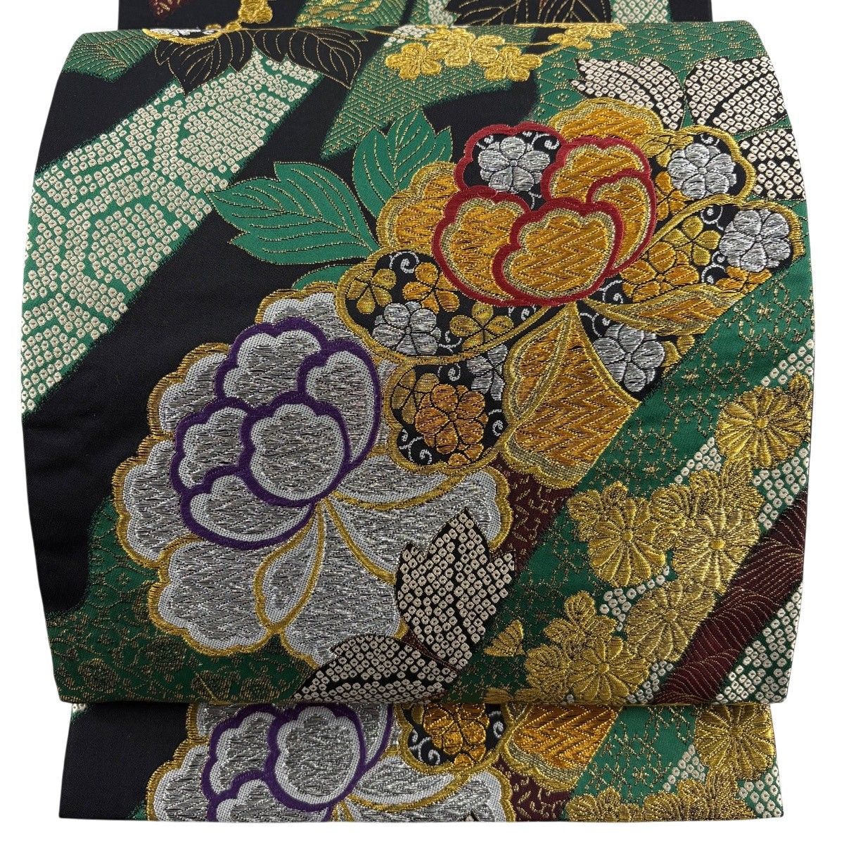 【美品】 袋帯 秀品 牡丹 菊 金銀糸 箔 黒 六通 正絹 【中古】