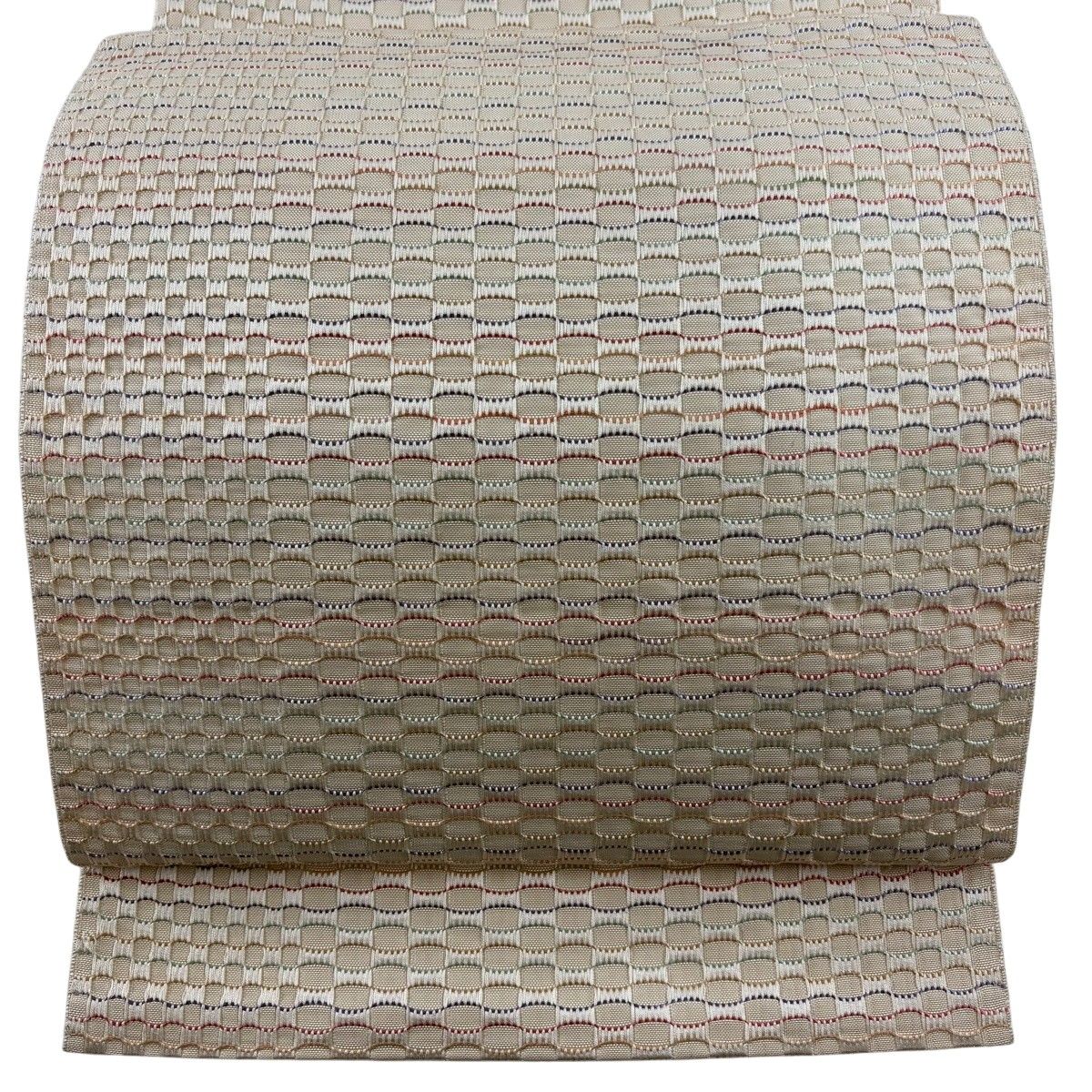 【美品】 名古屋帯 秀品 八寸名古屋帯 幾何学模様 よろけ縞 ベージュ 正絹 【中古】