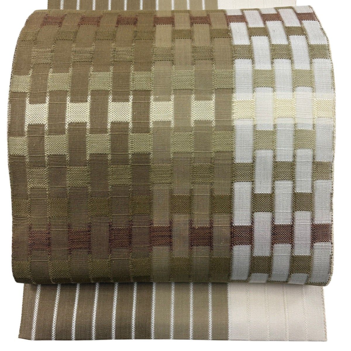 【美品】 名古屋帯 秀品 八寸名古屋帯 松葉仕立て 幾何学模様 茶緑色 正絹 【中古】