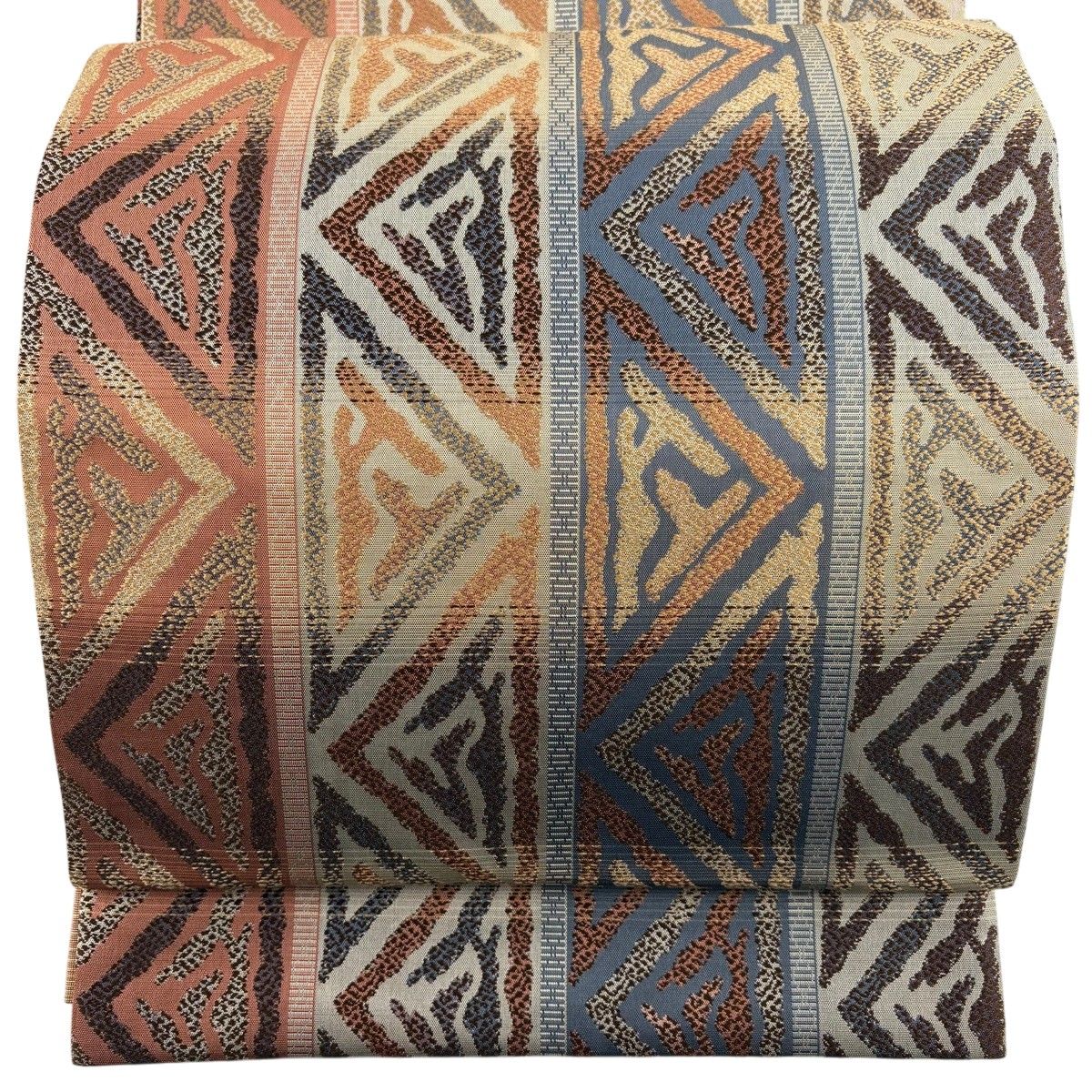 【美品】 袋帯 秀品 縞 幾何学模様 薄茶色 六通 正絹 【中古】