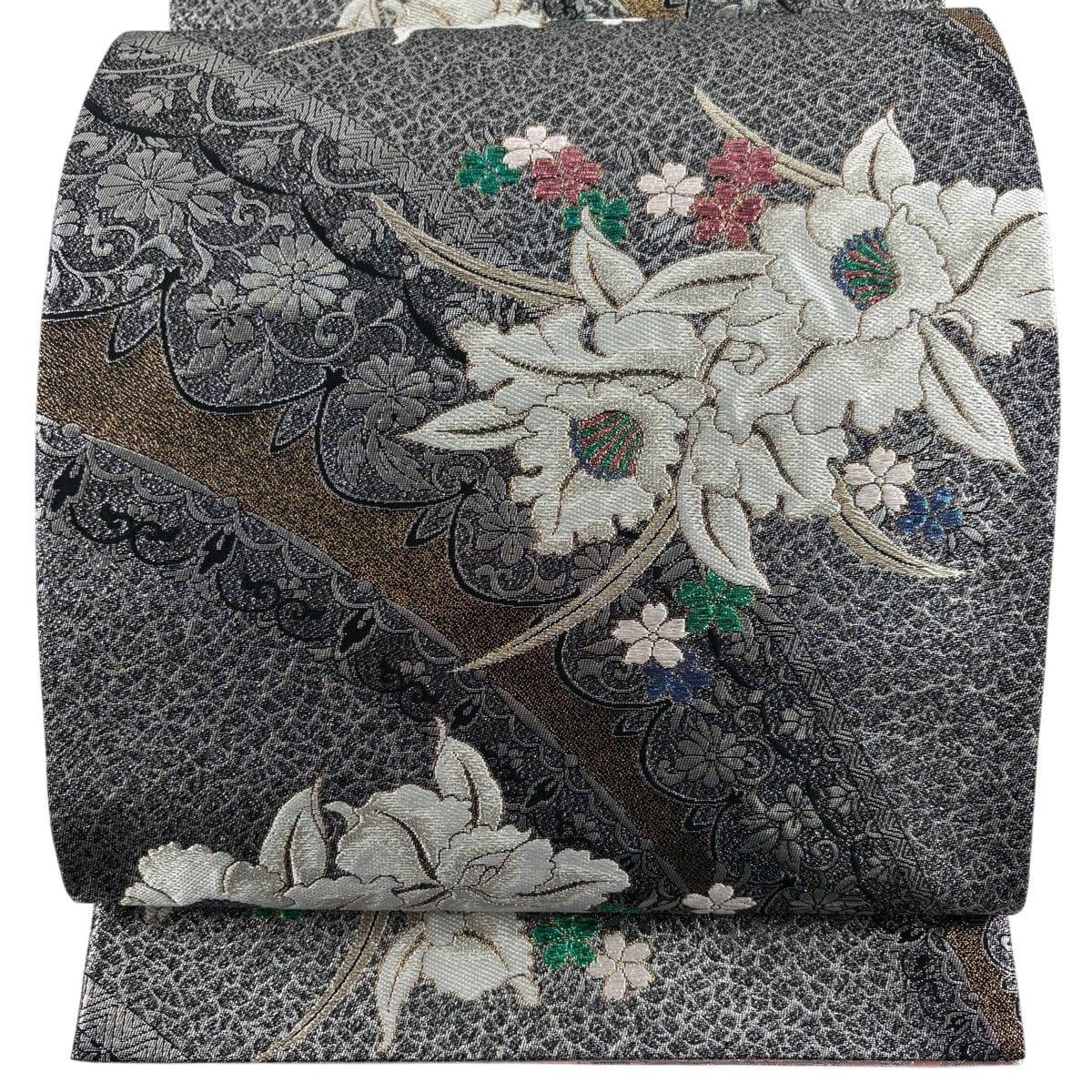 【美品】 袋帯 秀品 草花 花唐草 箔 唐織 黒 全通 正絹 【中古】