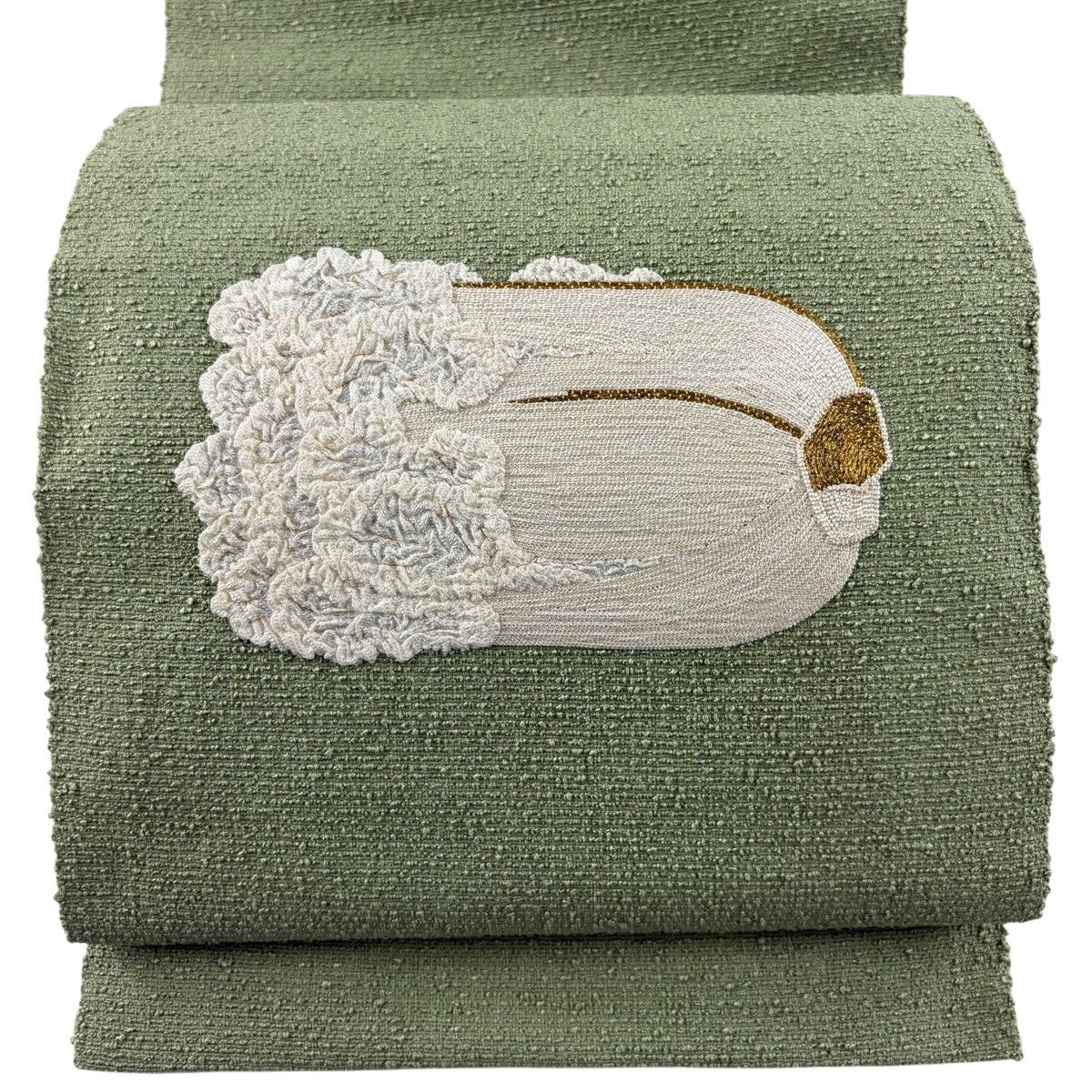 【美品】 名古屋帯 秀品 松葉仕立て 八寸名古屋帯 白菜 金糸 刺繍 よもぎ色 正絹 【中古】