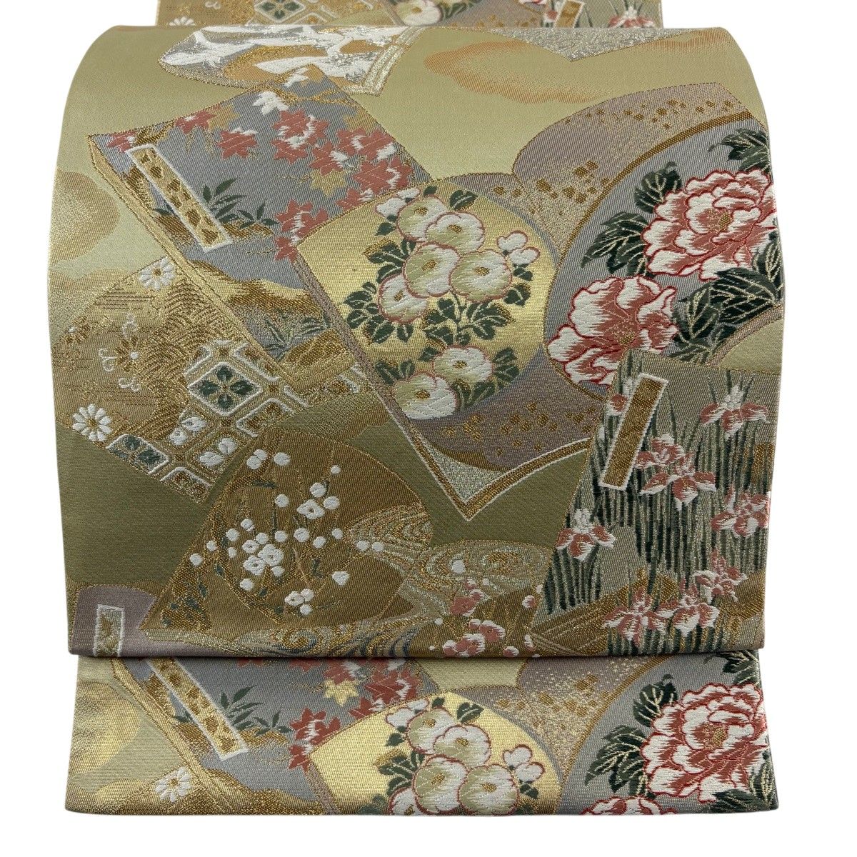 【美品】 袋帯 秀品 やまと 冊子 草花 唐織 箔 抹茶色 六通 正絹 【中古】