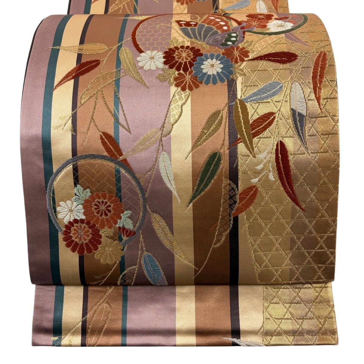 【美品】 袋帯 秀品 蝶 草花 金糸 箔 灰紫 六通 正絹 【中古】