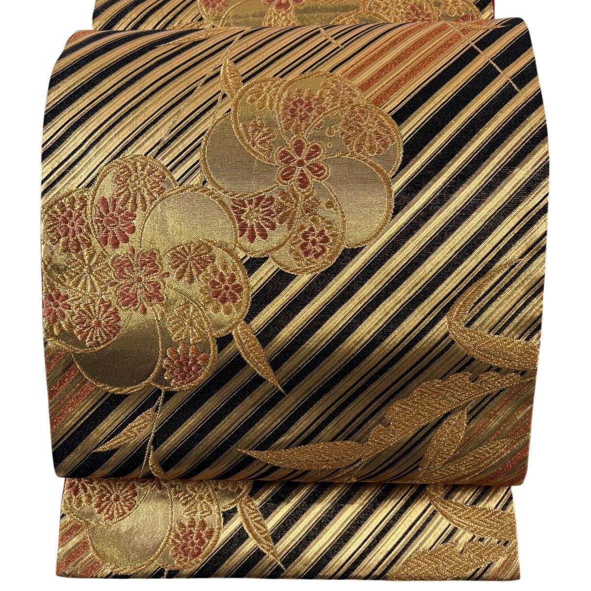 【美品】 袋帯 秀品 花 斜縞 箔 金糸 黒 六通 正絹 【中古】