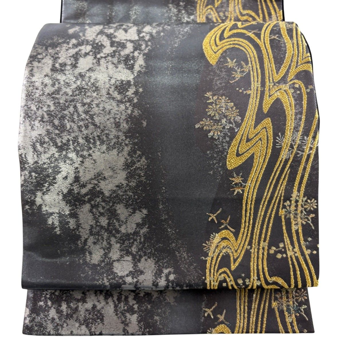 【美品】 袋帯 秀品 真珠箔 上代富貴寄文 金糸 灰色 六通 正絹 【中古】