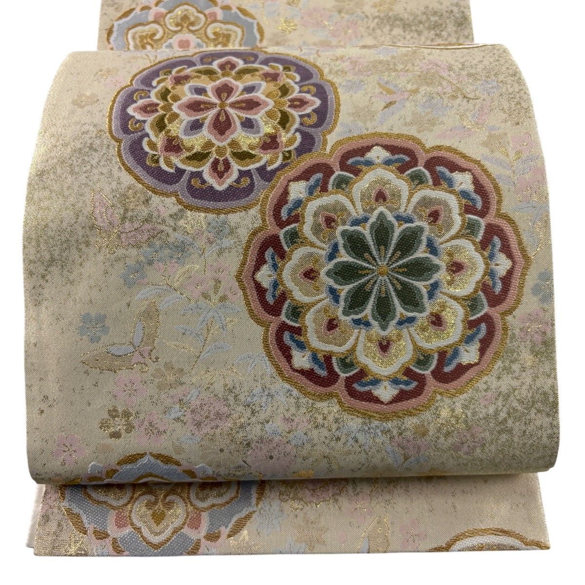 【美品】 袋帯 秀品 華文 花蝶 金糸 箔 金色 六通 正絹 【中古】