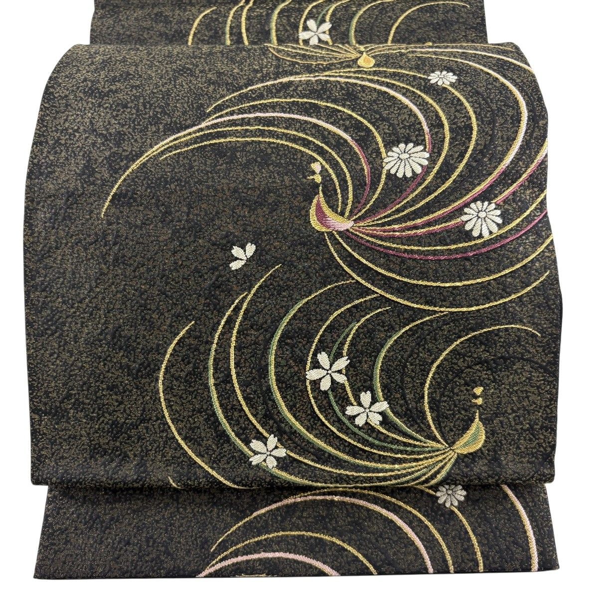 【美品】 袋帯 秀品 花 鳥 金糸 黒 六通 正絹 【中古】