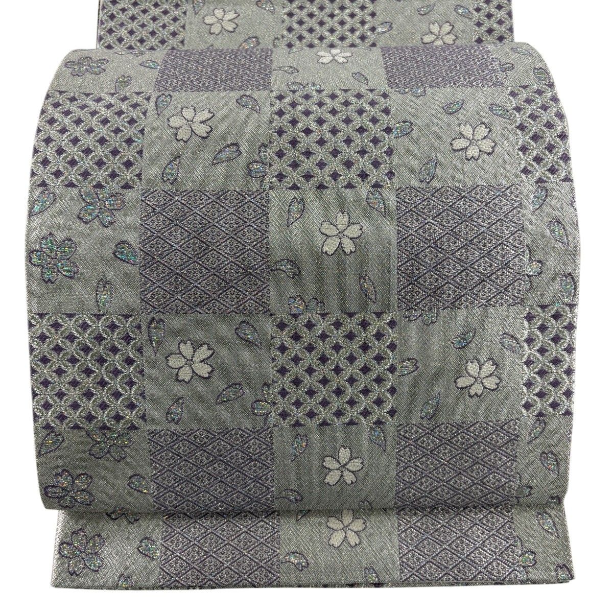 【美品】 袋帯 秀品 やまと 市松 桜 箔 銀糸 銀色 六通 正絹 【中古】