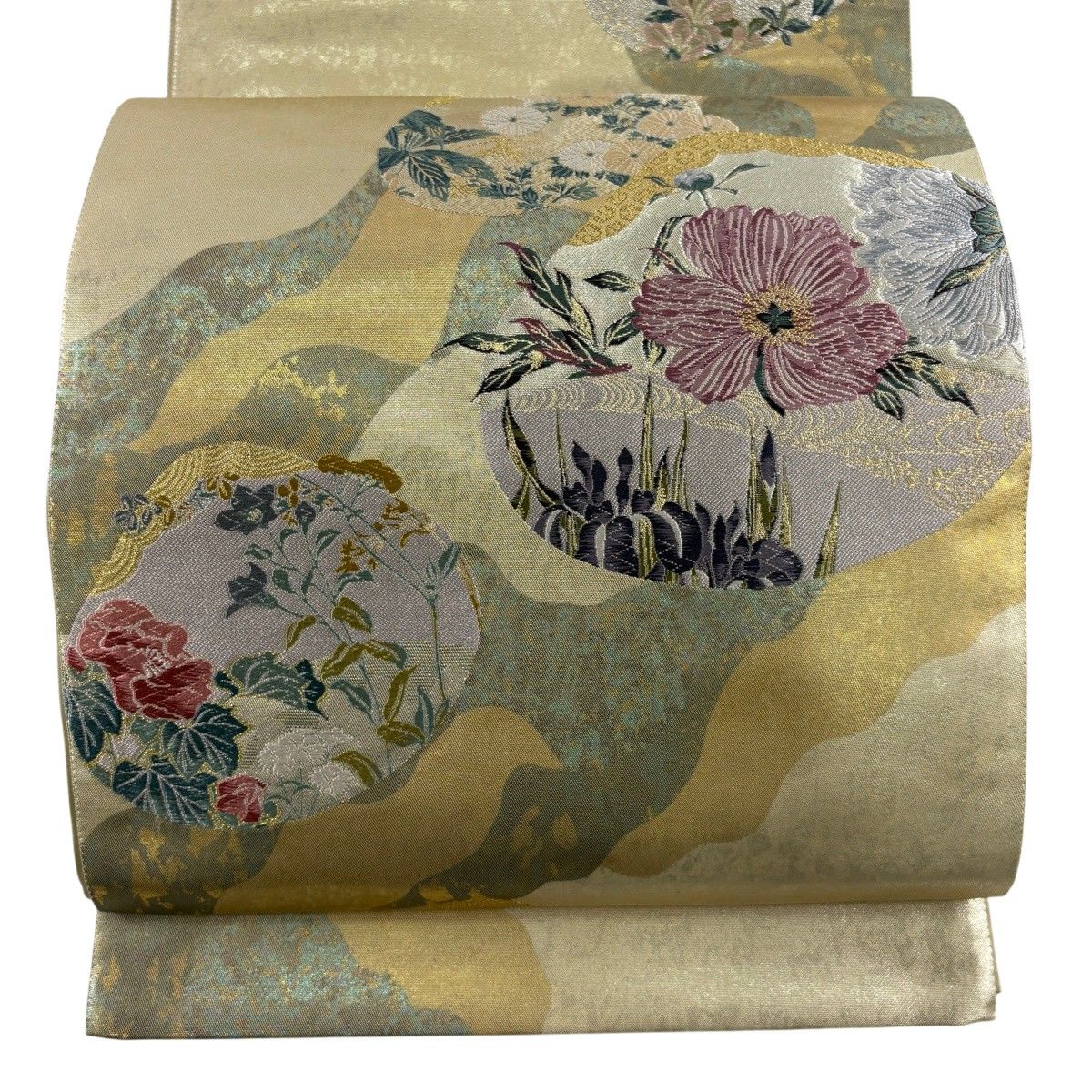 【美品】 袋帯 秀品 貝合わせ 草花 箔 金糸 金色 お太鼓柄 正絹 【中古】