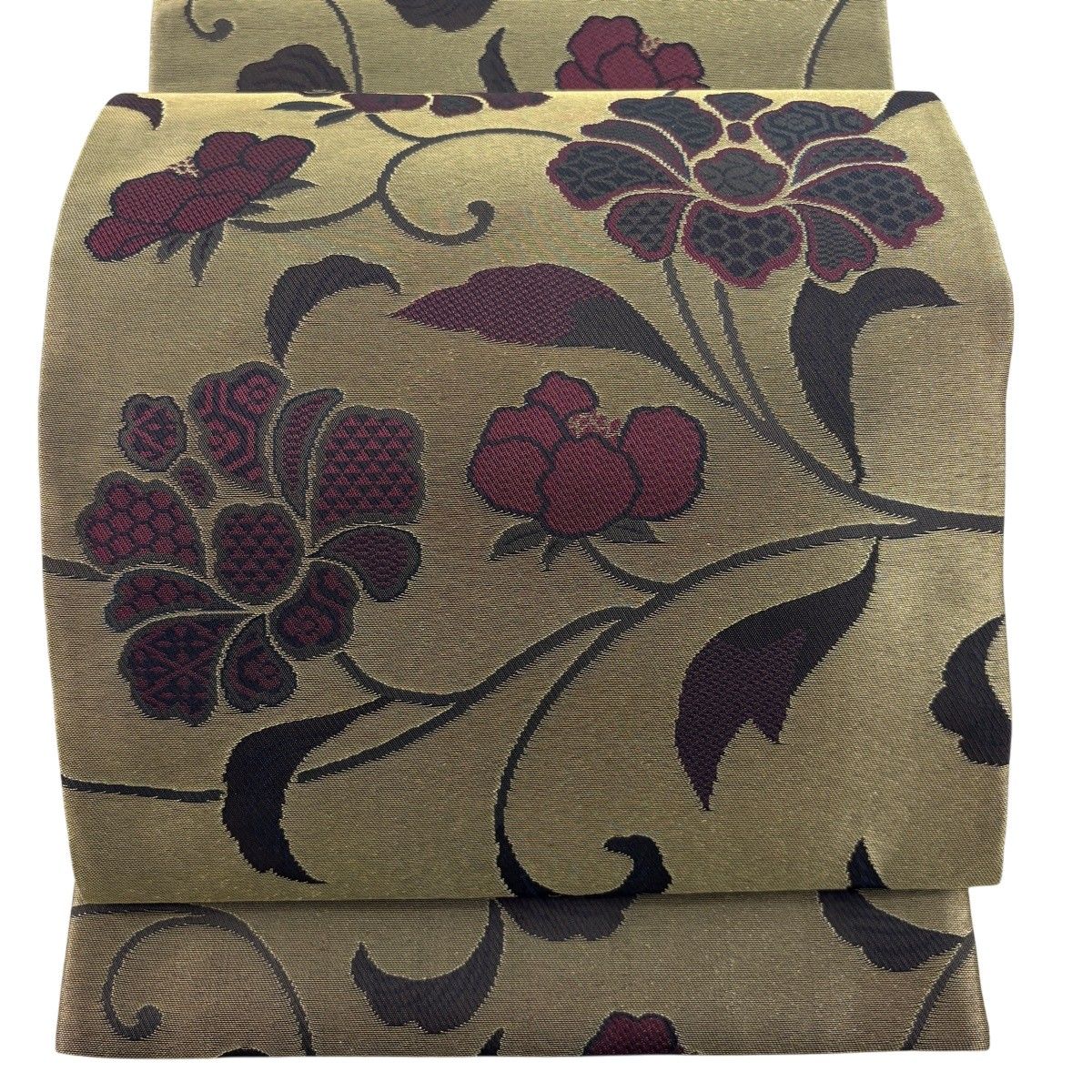【美品】 袋帯 秀品 花唐草 有職文様 金糸 鶯色 全通 正絹 【中古】