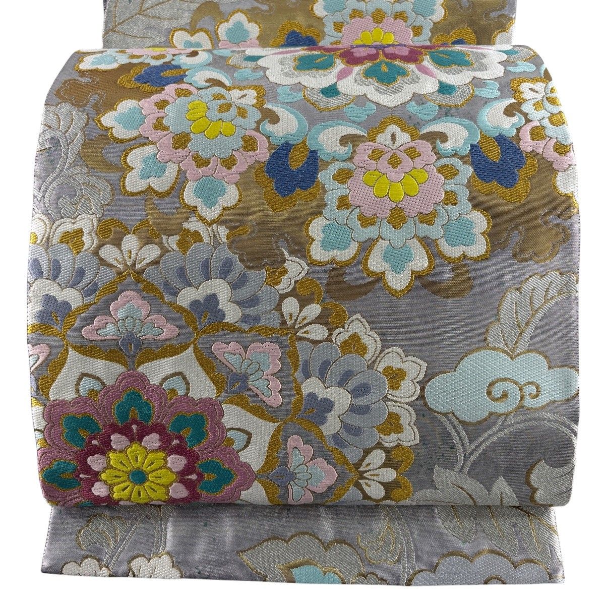 【美品】 袋帯 秀品 華文 花唐草 唐織 箔 銀色 六通 正絹 【中古】