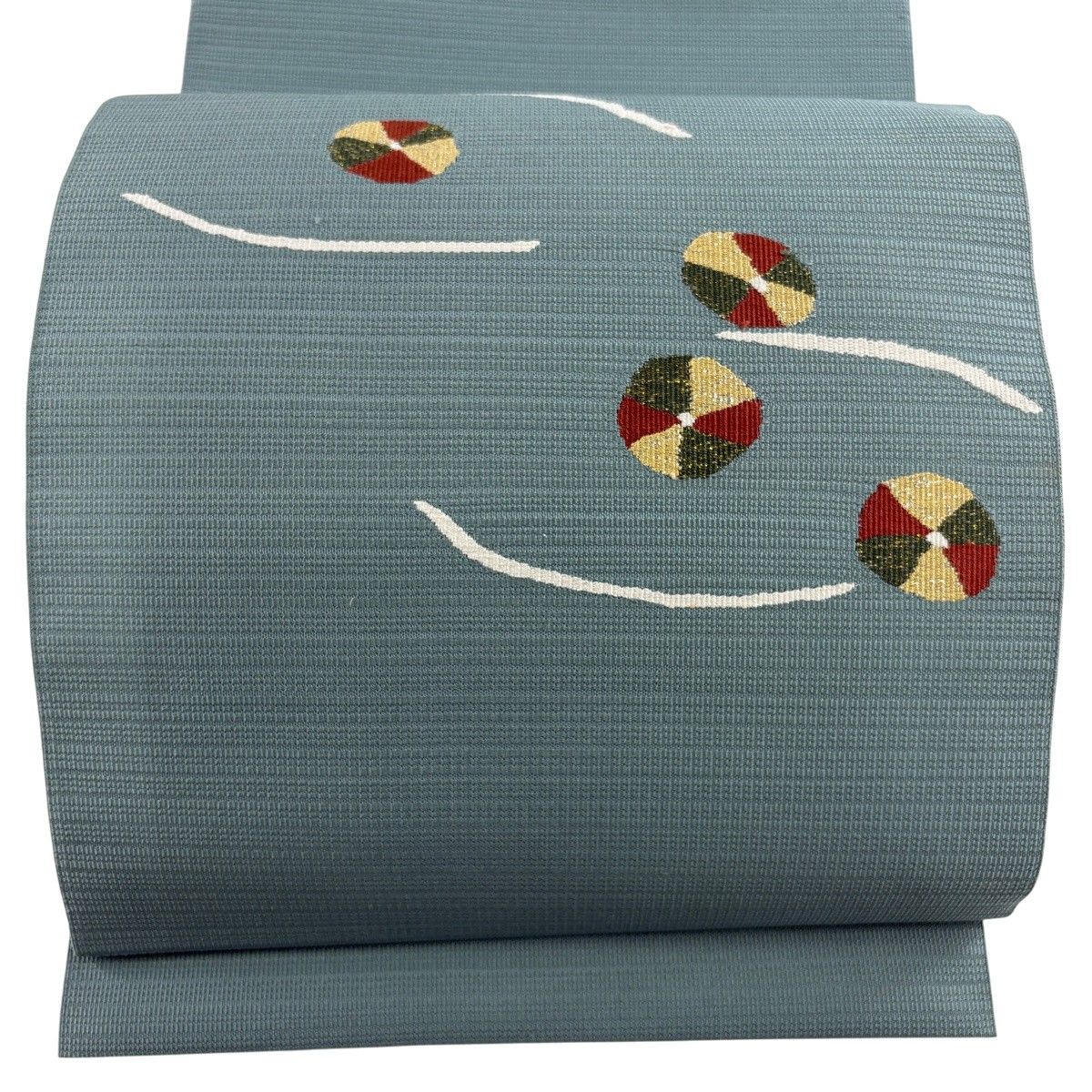 【美品】 名古屋帯 秀品 八寸名古屋帯 松葉仕立て 幾何学 箔 薄青緑 正絹 【中古】