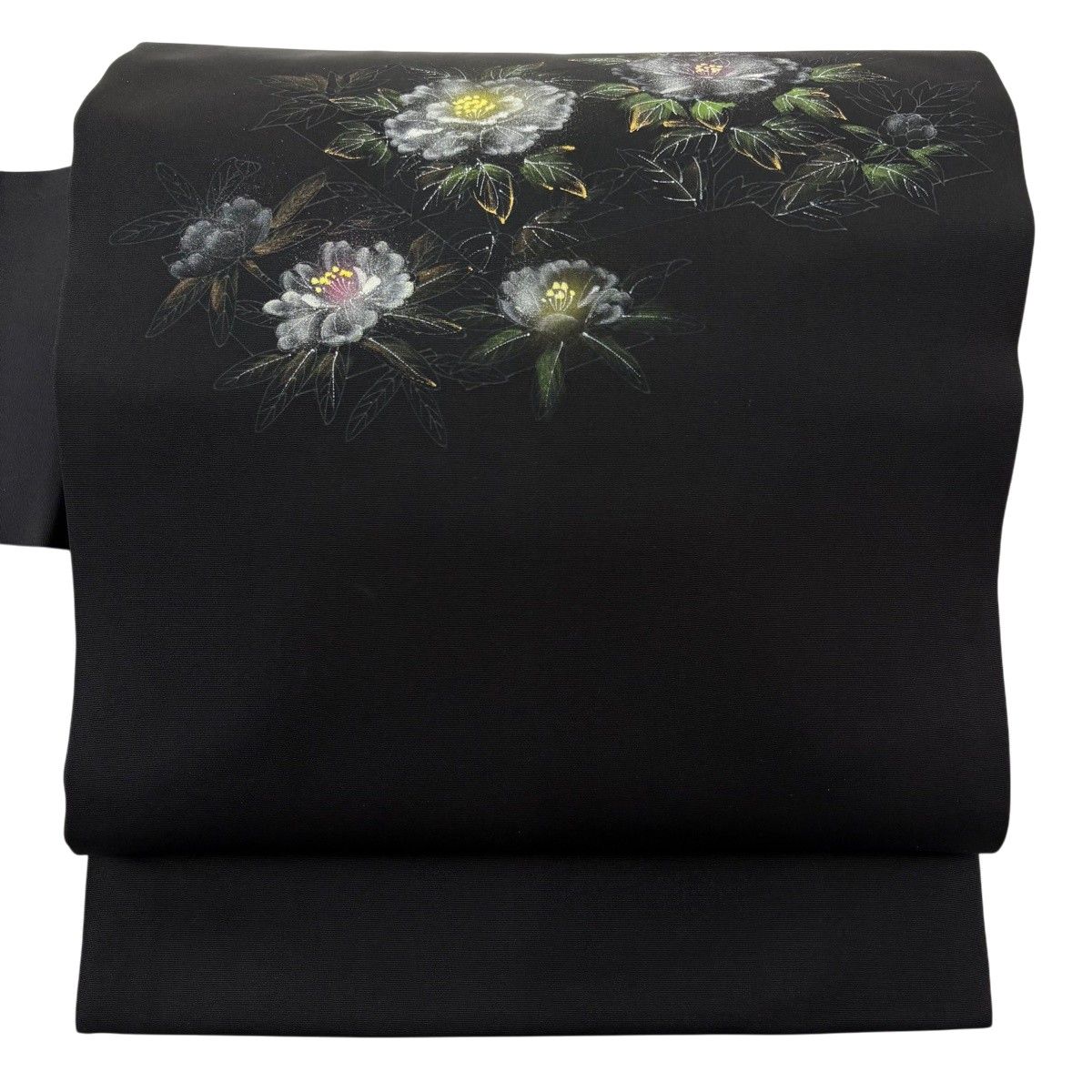 【美品】 名古屋帯 秀品 落款 草花 金彩 黒 正絹 【中古】
