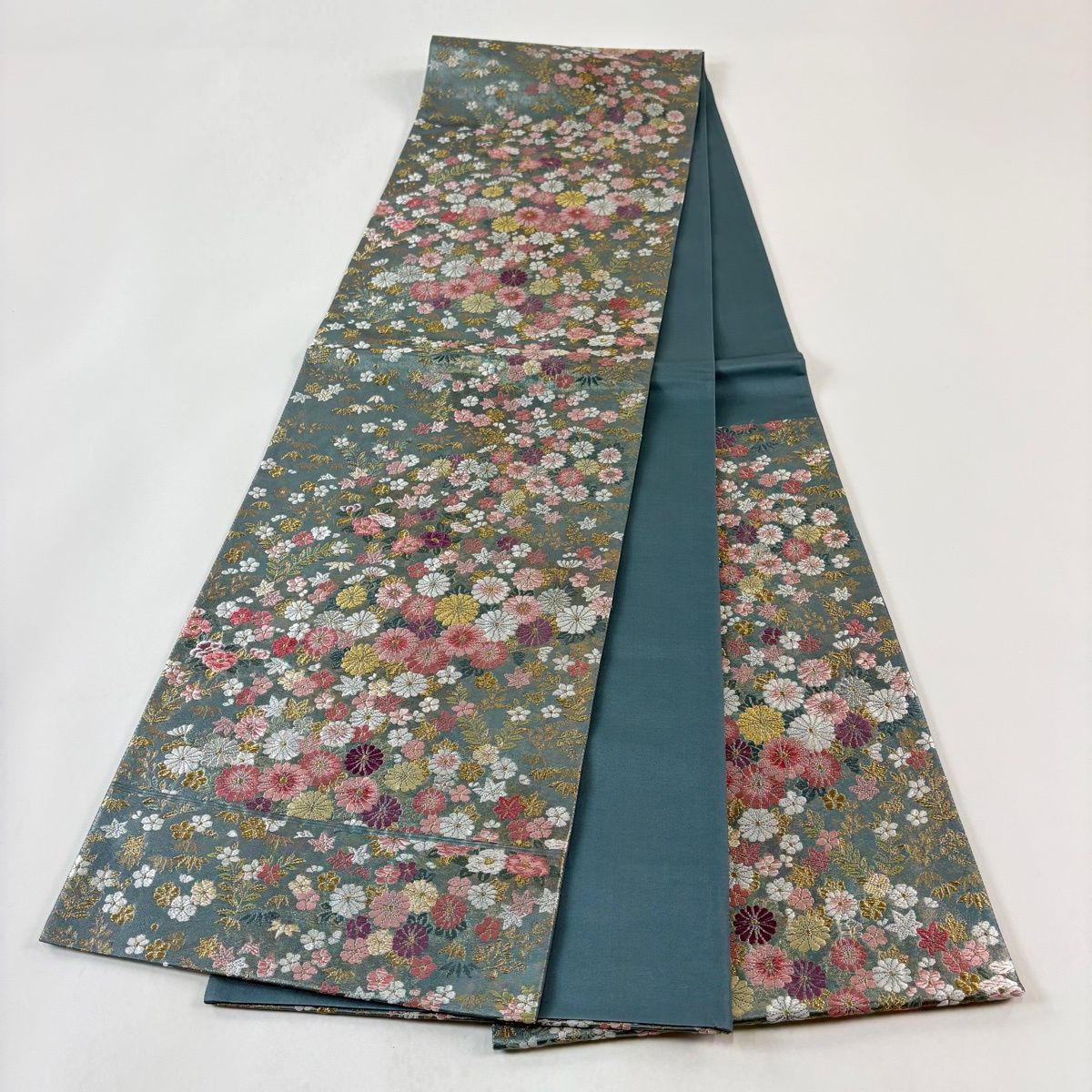 袋帯 秀品 道長花づくし文 金銀糸 刺繍 灰緑 六通 正絹 【中古