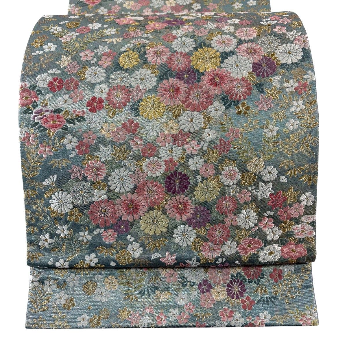 袋帯 秀品 道長花づくし文 金銀糸 刺繍 灰緑 六通 正絹 【中古