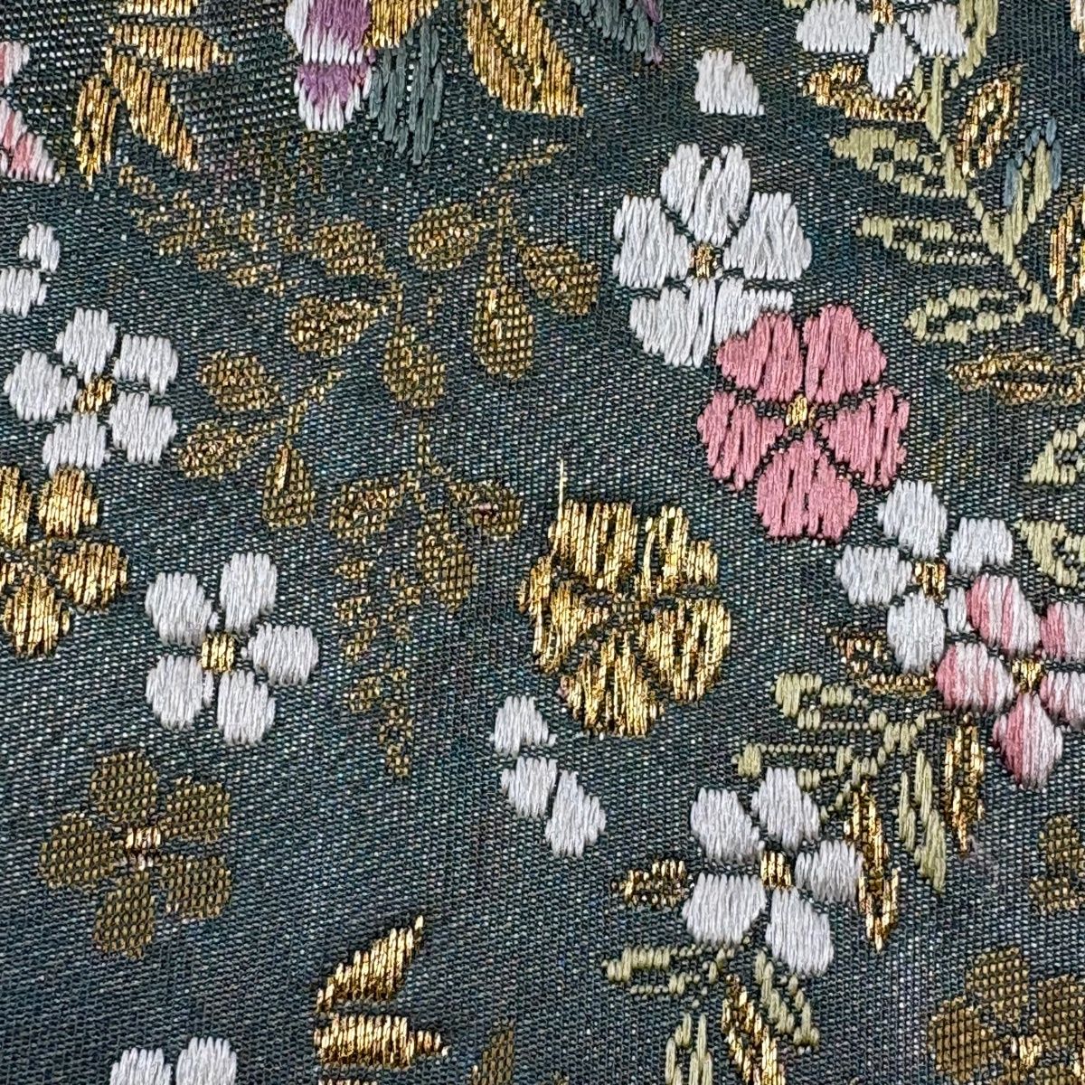 袋帯 秀品 道長花づくし文 金銀糸 刺繍 灰緑 六通 正絹 【中古