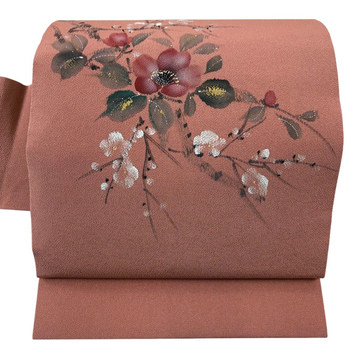 【美品】 名古屋帯 秀品 枝花 金彩 縮緬 ピンク 正絹 【中古】
