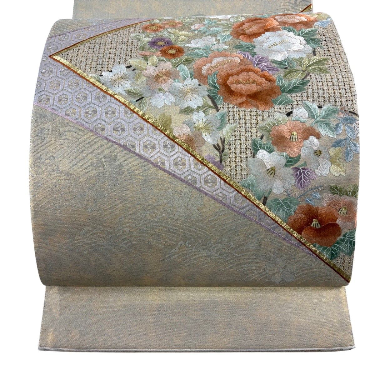 【美品】 袋帯 秀品 関西仕立て 花丸文 亀甲 刺繍 箔 金色 お太鼓柄 正絹 【中古】