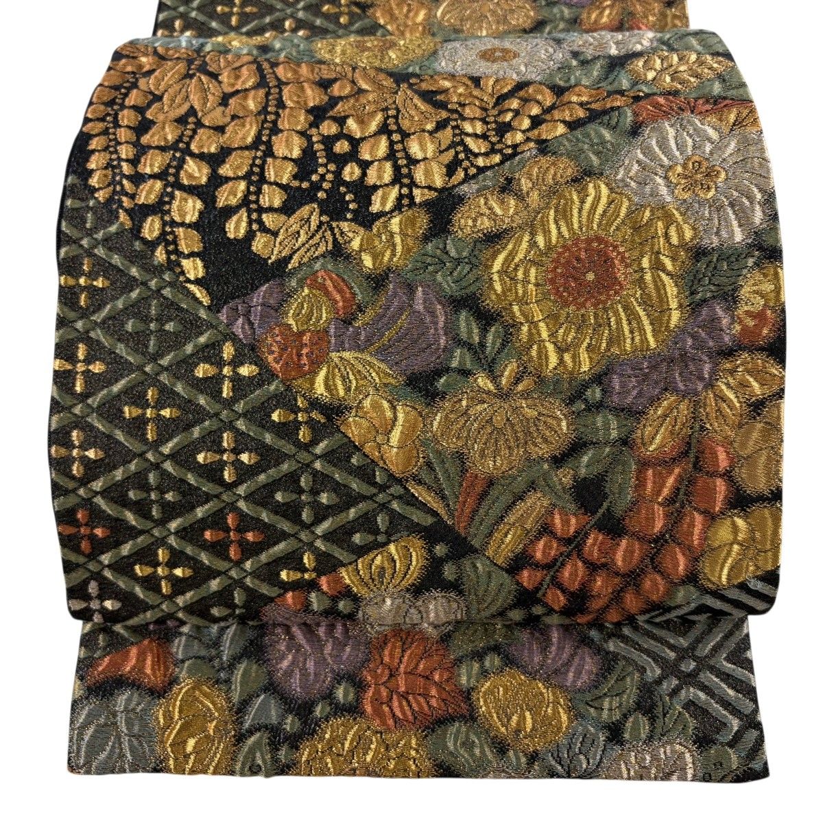 【美品】 袋帯 秀品 草花 菱 金銀糸 箔 黒 六通 正絹 【中古】